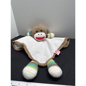 Baby Starters Knit Sock Monkey Satin Lovey White Tan Aqua Lime Rattle 12x12 tan